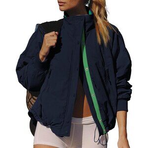 Winter Jackets for Women Long Sleeve High Neck Zipper Up Fleece Lined Overcoat F